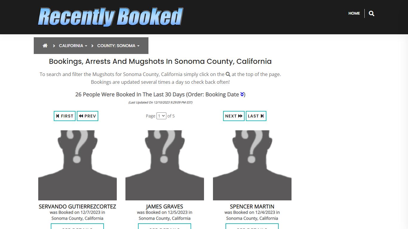 Bookings, Arrests and Mugshots in Sonoma County, California